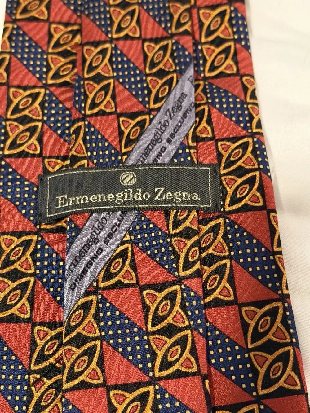 Ermenegildo Zegna 100% Silk Tie Red Navy Gold Geometric Luxury Mens Necktie